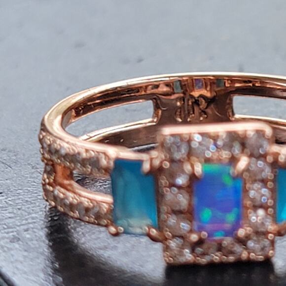Rose Gold Plated Ring with Simulated Opal and Blue Stones - Size 9 - Picture 7 of 11